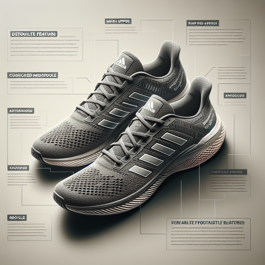Gray Adidas Duramo Speed 2 running shoes with annotated features highlighting comfort and support.