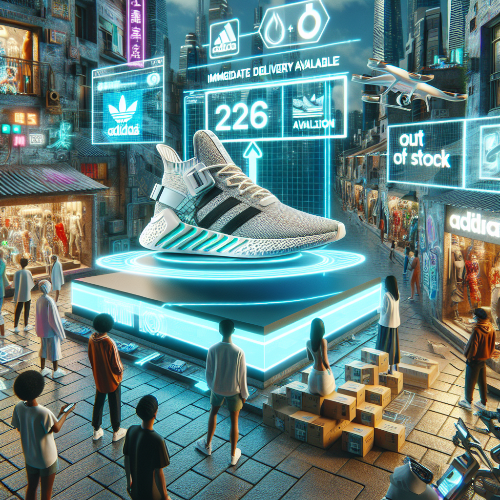 Futuristic digital billboard showing Adidas sneakers with stock and delivery info in a bustling city street.