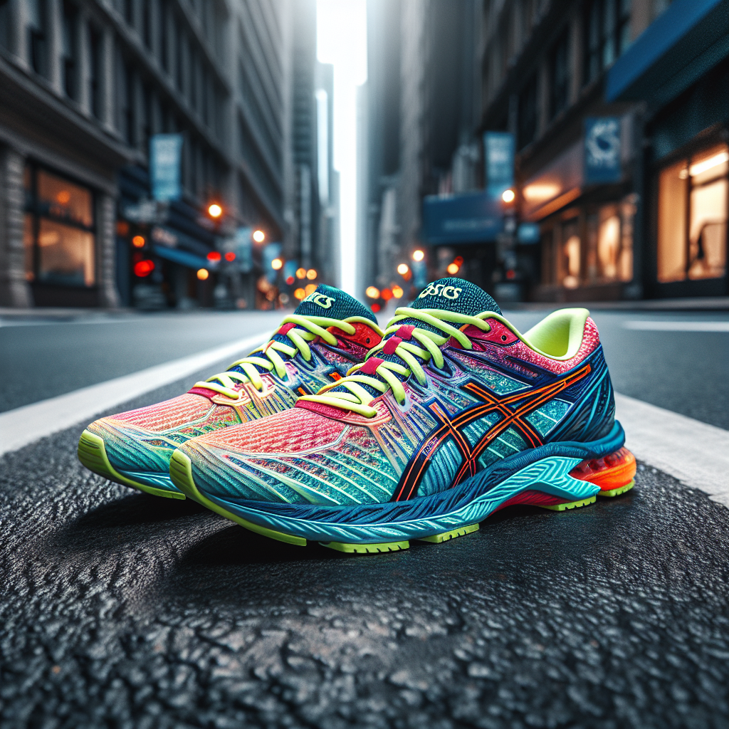 Colorful ASICS Gel Nimbus 27 running shoes displayed on an urban street with city buildings in the background.
