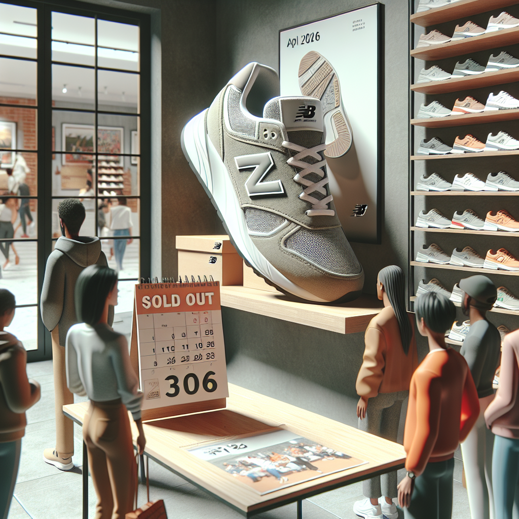New Balance 530 sneakers displayed with a sold-out sign in a busy, modern store attracting shoppers.