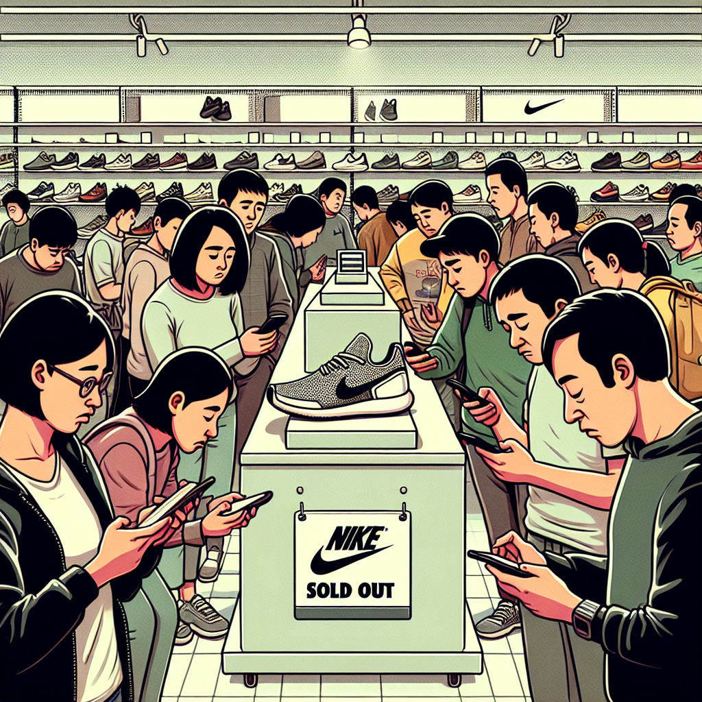 Crowded Nike store with customers checking phones near a sold-out sneaker display.