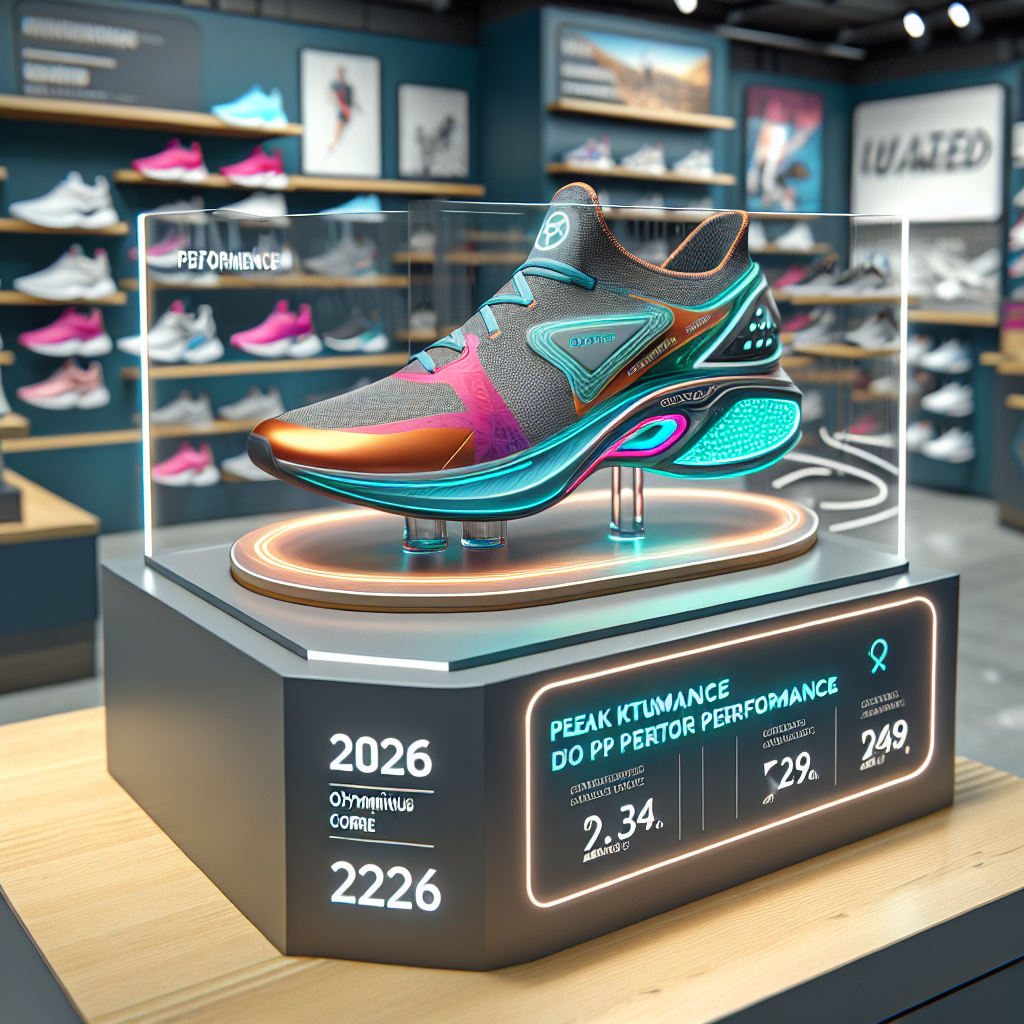 Futuristic high-performance running shoe showcased in a sleek, modern sports store with neon lighting.
