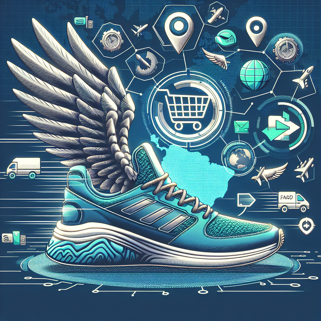 Futuristic sneaker with wings surrounded by e-commerce and global shipping icons on a blue digital background.