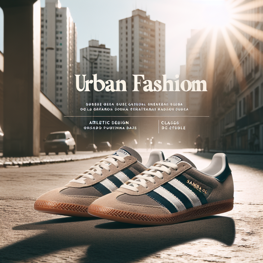 Urban Adidas Samba OG sneakers displayed with a city skyline at sunset, highlighting their casual, classic design.