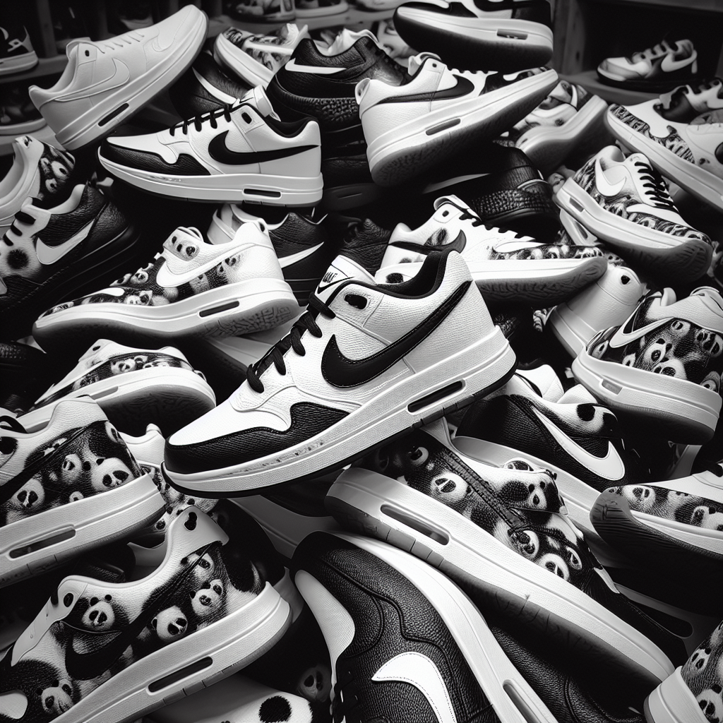Black and white Nike Dunk Low sneakers with panda-inspired patterns stacked in a stylish pile.